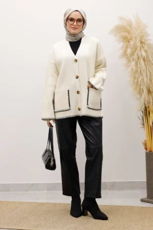 کرم لباس باتنی جیb چwپann cardigan tsd250226 کرم - 11579
