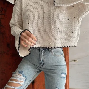 کاپشن گل‌دار بافتنی کوتاه با طرح سوراخ‌دار - 11747