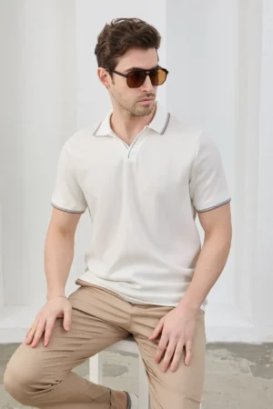تی‌شرت مردانه نخی بدون چروک با برش باریک و یقه polo - 11627
