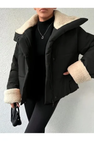ژاکت پفکی با جزئیات پشمی زنانه - 11498