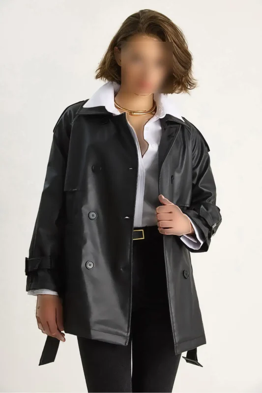 کوتاه‌پوش چرم مصنوعی با یقه کراوات و کمربند، آسترده زنانه ۲۴۸۵ ۶۰۲۸۱۱۱ - 11739