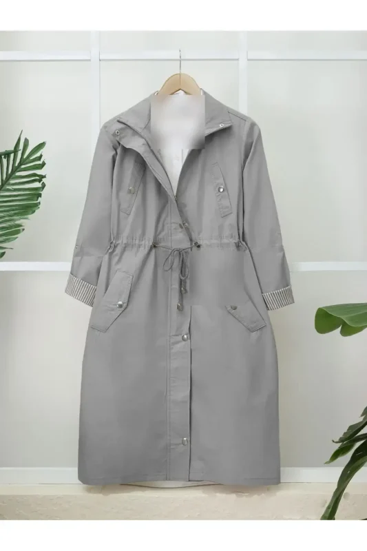 ترنچ کت نخی ارگانیک بدون آستر با جزئیات جیب جلو و بندهایی در ناحیه دور کمر - خاکستری - 11742