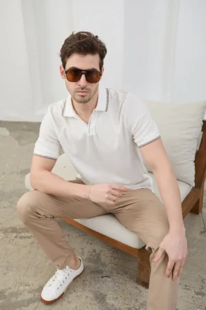 تی‌شرت مردانه نخی بدون چروک با برش باریک و یقه polo - 11627