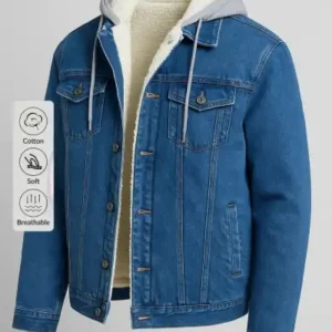 کاپشن جین آبی کلاهدار مردانه با پشم خز دار اضافی - 13089