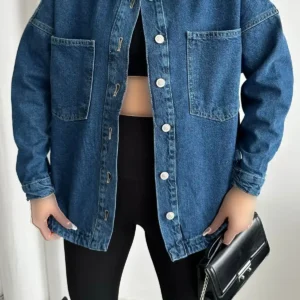 کت جین زنانه بلند با دکمه و جیب به رنگ سرمه‌ای - 11857