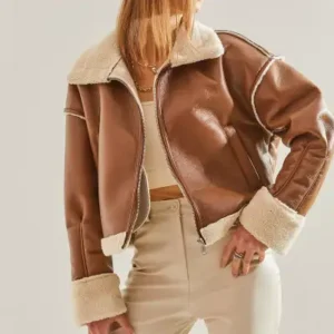 مؤنث ژاکت چرمی با یقه خز و جیب کناری - 13042