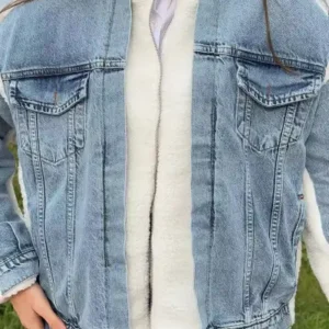 کاپشن پشمی کرم و آبی زنانه با زیپ و پارچه جین - 12642