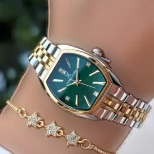 ساعت مچی زنانه طلایی رنگ ضد آب با ضمانت 2 ساله و فاکتور اصلی، شامل دستبند هدیه نیز هست. - 12139