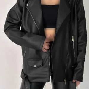 کاپشن چرم زنانه مشکی الورا با طراحی آزاد و طول بلند، فصل جدید - 11851