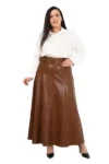 دامن چرم بلند قهوه‌ای با کمر بزرگ - 12897
