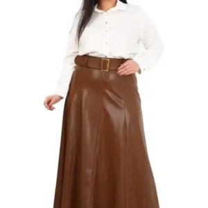 دامن چرم بلند قهوه‌ای با کمر بزرگ - 12897