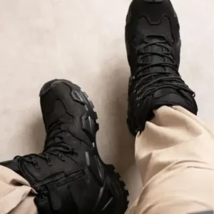 چکمه نظامی بلند سیاه رنگ صحرا برای چهار فصل با زیپ/بند و مناسب برای فعالیت‌های تاکتیکی/فضای باز، سایز ۳۸. - 12214