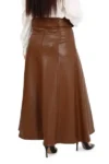 دامن چرم بلند قهوه‌ای با کمر بزرگ - 12897