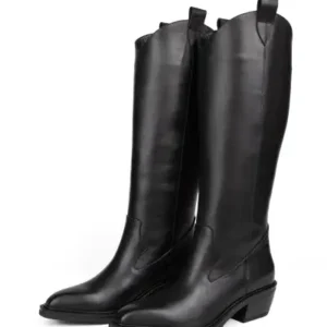 چکمه زنانه با نوک گرد چرم طبیعی وسترن رنگ مشکی - 12841