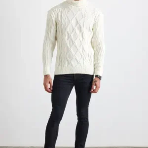 کاپشن بافتنی مردانه طرح بافته شده و کلفت یقه بالا - 12948