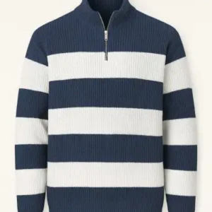 پولئور مردانه پترودار با یقه نیمه زیپ و بافت راه‌راه - رنگ اندیگو - 12949