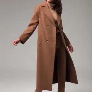 کاپشن زنانه کمر دار با گره قهوه‌ای 3754 - 12390