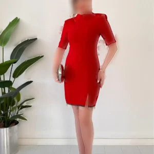 پیراهن کرپ با دامن زنجیری قرمز - 12004