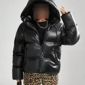 پالتو شنی مشکی زنانه با کلاهی زیپ‌دار و از جنس چرم مصنوعی - 12678