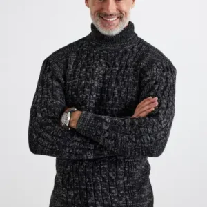 کاپشن بافتنی ضخیم مدل گلوگرد با الگوی بافت لوزی و نوارهای بافت مویی مردانه - 12952