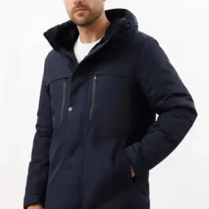 کاپشن و کاپشنی مردانه با کلاه، ضد باد، با آستری و رنگ سرمه‌ای مناسب فصل زمستان - 12700