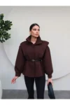 جاکت طراحی شده با کمر قهوه‌ای تلخ - 12035