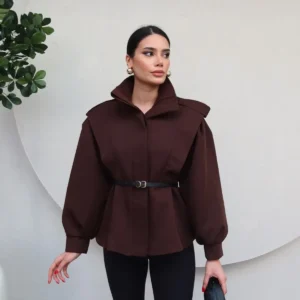 جاکت طراحی شده با کمر قهوه‌ای تلخ - 12035