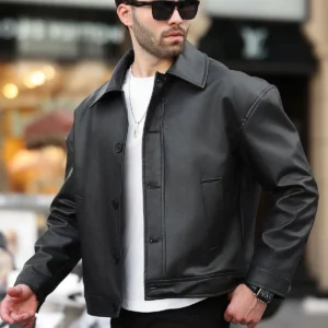 جکت چرم مشکی مردانه با کیفیت بالا، سایز بزرگ، راحت و مد روز، دارای جیب - 11918