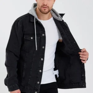 کت جین کلاسيک مردانه با طرح شهری، مناسب برای استفاده روزمره، با کلاه، رنگ مشکی - 11922