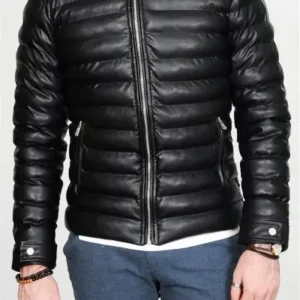 کاپشن چرم مردانه مشکی با طراحی باریک و داخل پُر از پشم و جیب داخلی - 13076