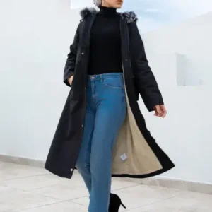 کاپشن زنانه مشکی تیره با آستر پلار و خز - 12675