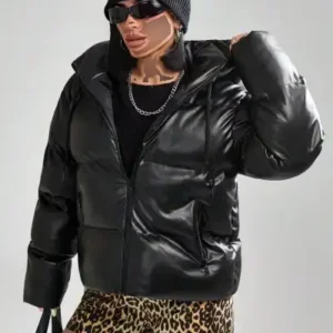 پالتو شنی مشکی زنانه با کلاهی زیپ‌دار و از جنس چرم مصنوعی - 12678