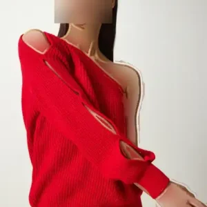 کلاسیک بافتنی تک ‌آستین زنانه با جزئیات پنجره قرمز - 12251