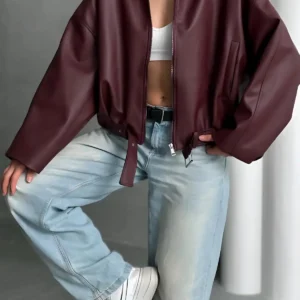 ژاکت بمبئی چرم سایز بزرگ Luvren با کمربند - 11872