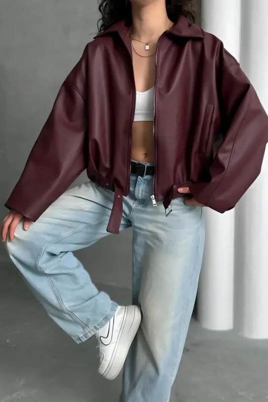 ژاکت بمبئی چرم زنانه ترک سایز بزرگ با کمربند