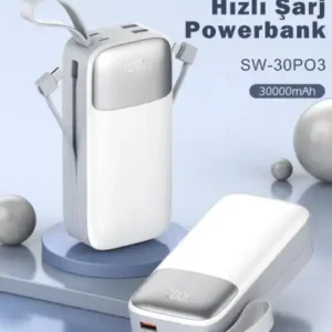 پاوربانک کابلی 30000 میلی‌آمپر SW-30PO3 سفید - 12862