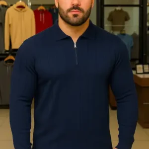 سویشرت زمستانی مردانه سایز بزرگ آبی تیره با زیپ - 13003