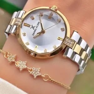 زنانه ساعت – اصلی – رنگ نقره‌ای طلایی – شیشه کریستالی – ضمانت‌دار – دستبند هدیه - 12132