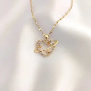 گردنبند قلبی ایتالیایی با ستاره و زرقون طلا از فولاد ضدزنگ 316L برای خانم‌ها - 12067