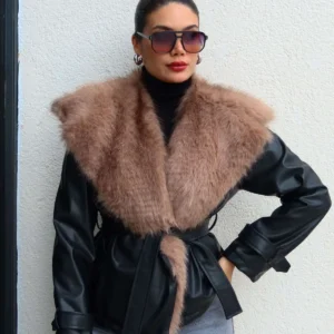 ژاکت چرم با یقه پشمی و کمربند دار - 12045