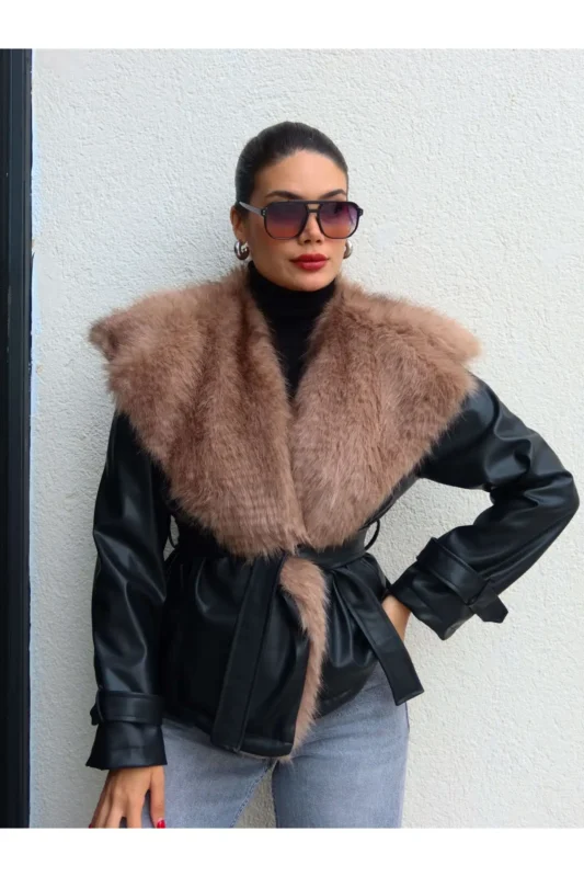 ژاکت چرم با یقه پشمی و کمربند دار - 12045