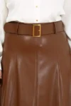 دامن چرم بلند قهوه‌ای با کمر بزرگ - 12897