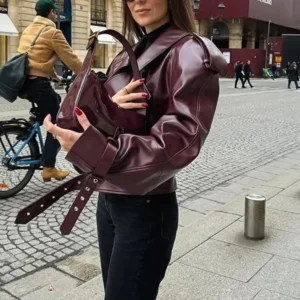 ژاکت بایکری چرم bordo زنانه وینتج - 11903