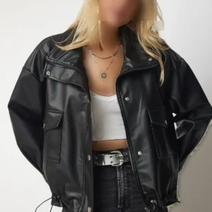 ژاکت چرم مصنوعی اورسایز مشکی زنانه RV00136 - 11898