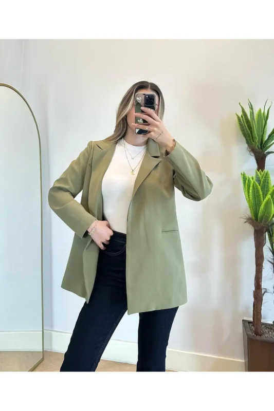 کت بلیزر زنانه با بند کمر خاکی - 11815