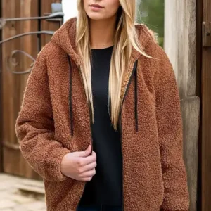 کاپشن بمبری پلووش با کلاهدار دارچینی KS2503 - 13036