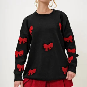 ژاکت زنانه با یقه گرد مشکی و گلدوزی پاپیون، مدل زمستانی ALC-X13232 - 11795