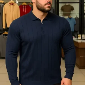 سویشرت زمستانی مردانه سایز بزرگ آبی تیره با زیپ - 13003