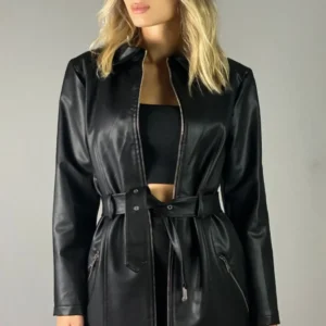 کت چرم بلند مشکی زنانه - 11867