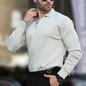 پليور يقه دار زيپ‌دار بافتنی به رنگ بژ 7242 - 12940